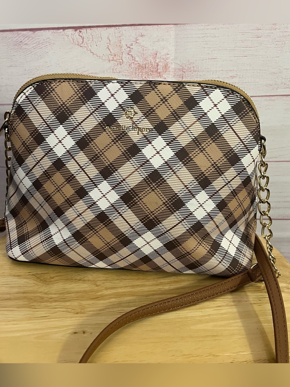 Nanette Lepore brown plaid faux leather crossbody‎ bag with gold chain strap